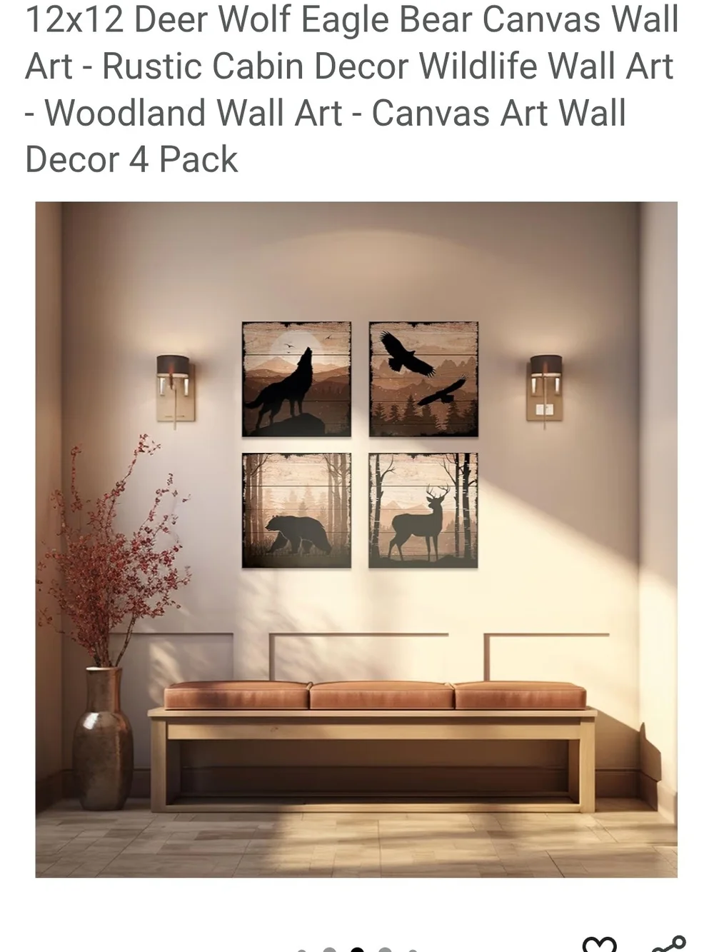 Rustic Wildlife Canvas Wall Art Set - Black Silhouette on Brown